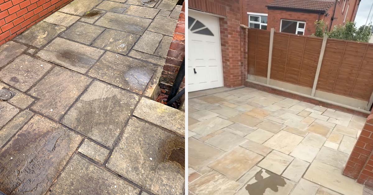 Indian sandstone driveway in Heaton Chapel before restoration, with failed and discoloured joints