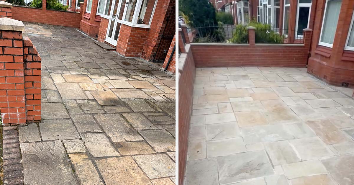 Rear sandstone patio in Heaton Chapel after repointing in traditional sand and cement
