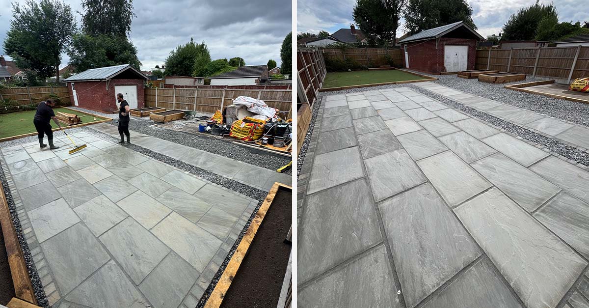 Team brushing light grey resin into the joints of a Kandla Grey sandstone patio in Heaton Chapel