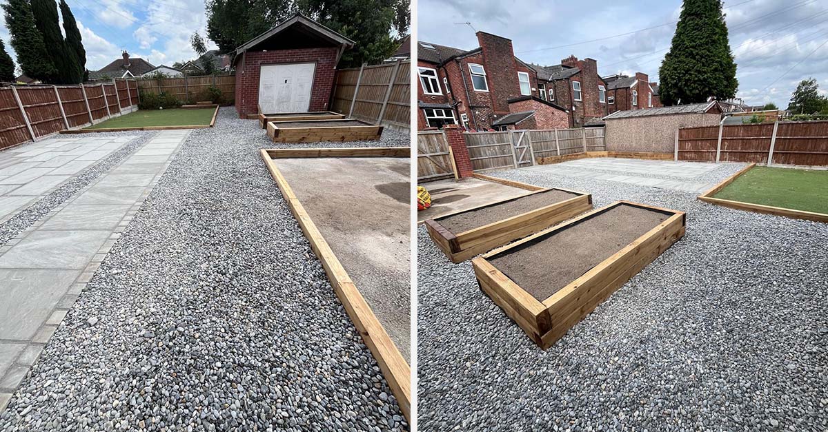 Finished Kandla Grey Indian sandstone patio laid in brick bond with a sandstone sett border