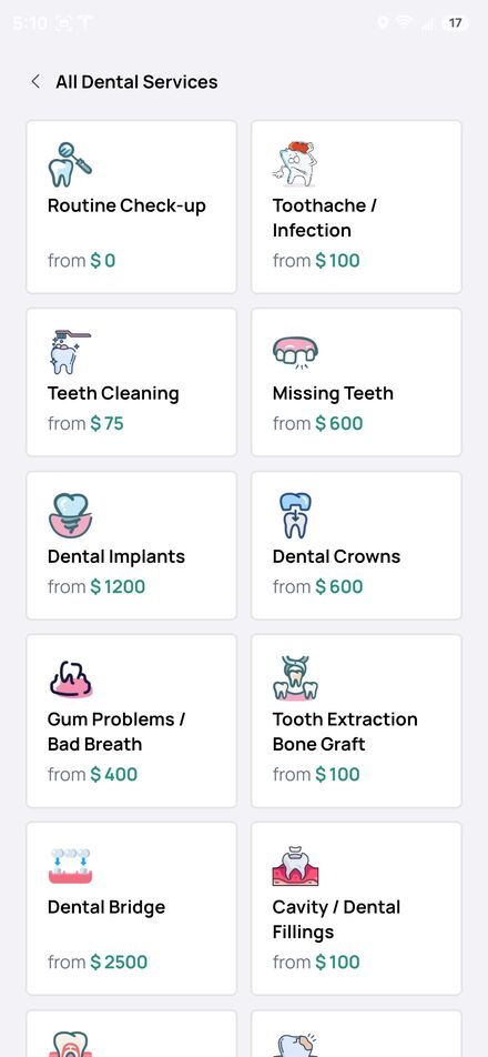 App listing dental services with upfront starting prices