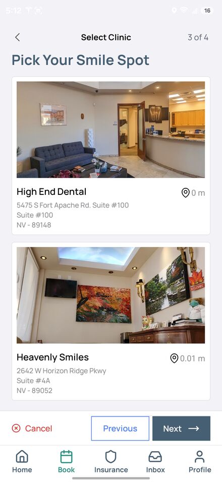 App screen to choose clinic, dentist and time