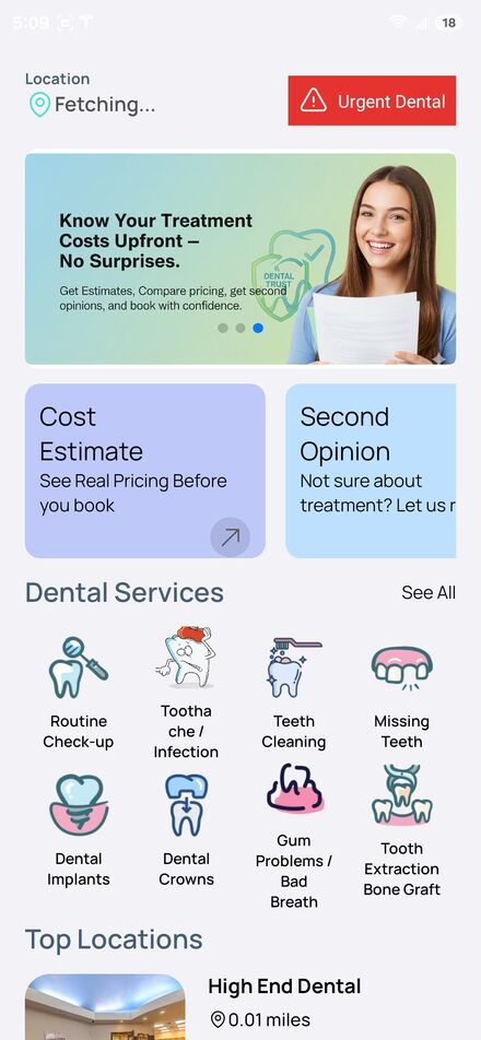 OneDentalWorld app home screen with upfront pricing