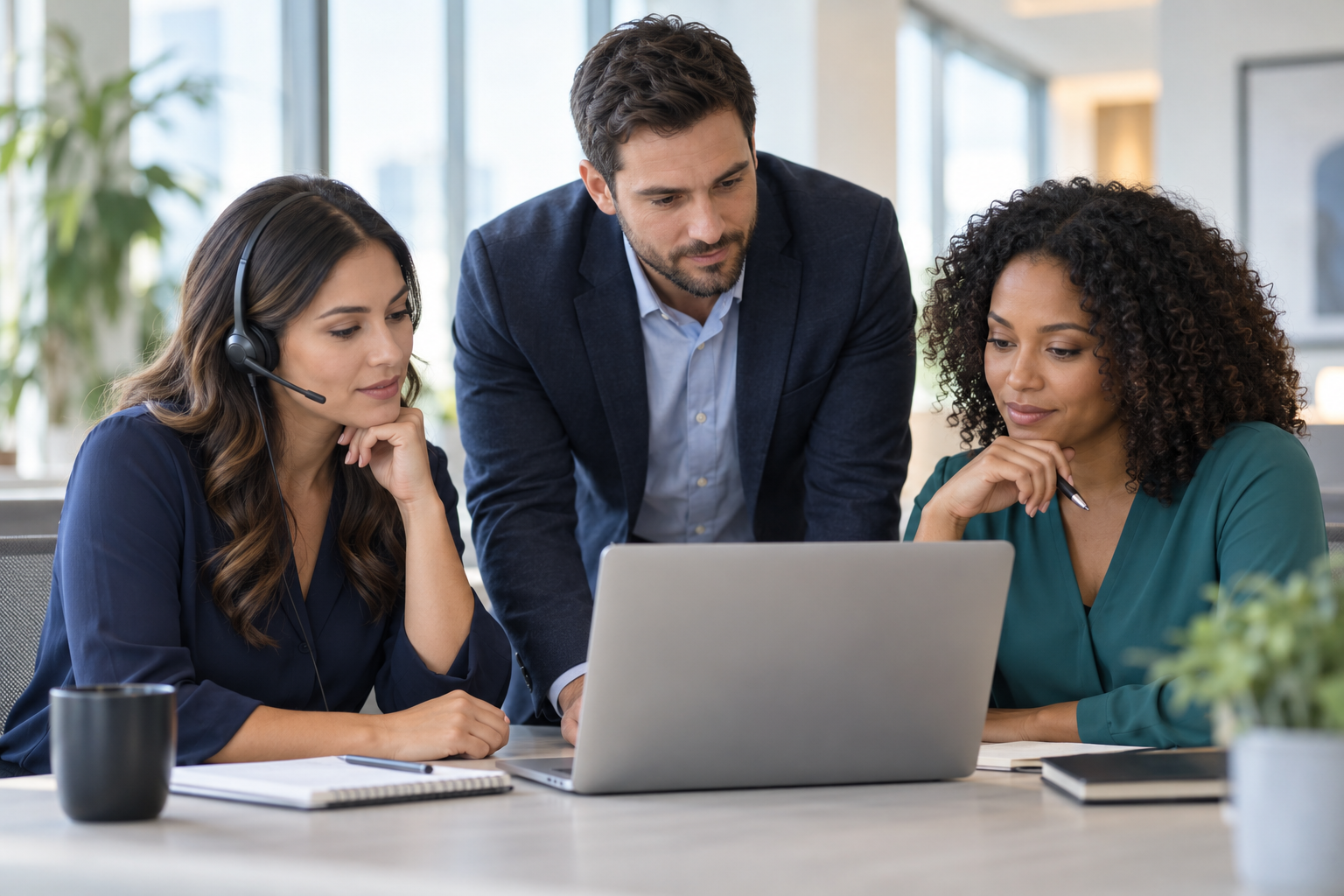 Illustration of three professionals collaborating around a laptop in a bright office
