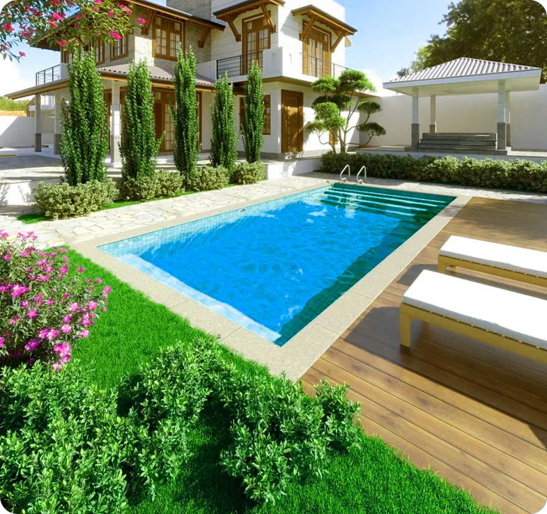 Completed rectangular fiberglass pool in a landscaped residential backyard
