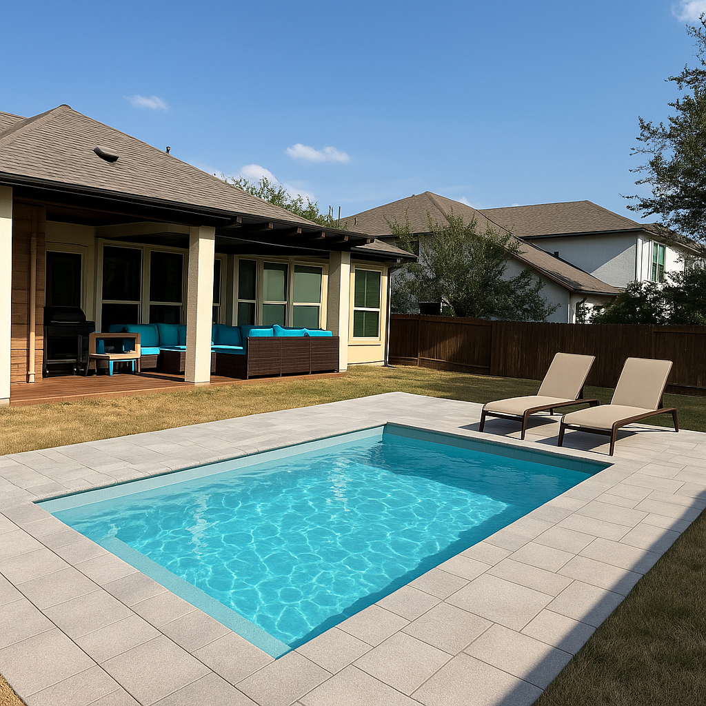 Compact completed fiberglass pool with patio seating