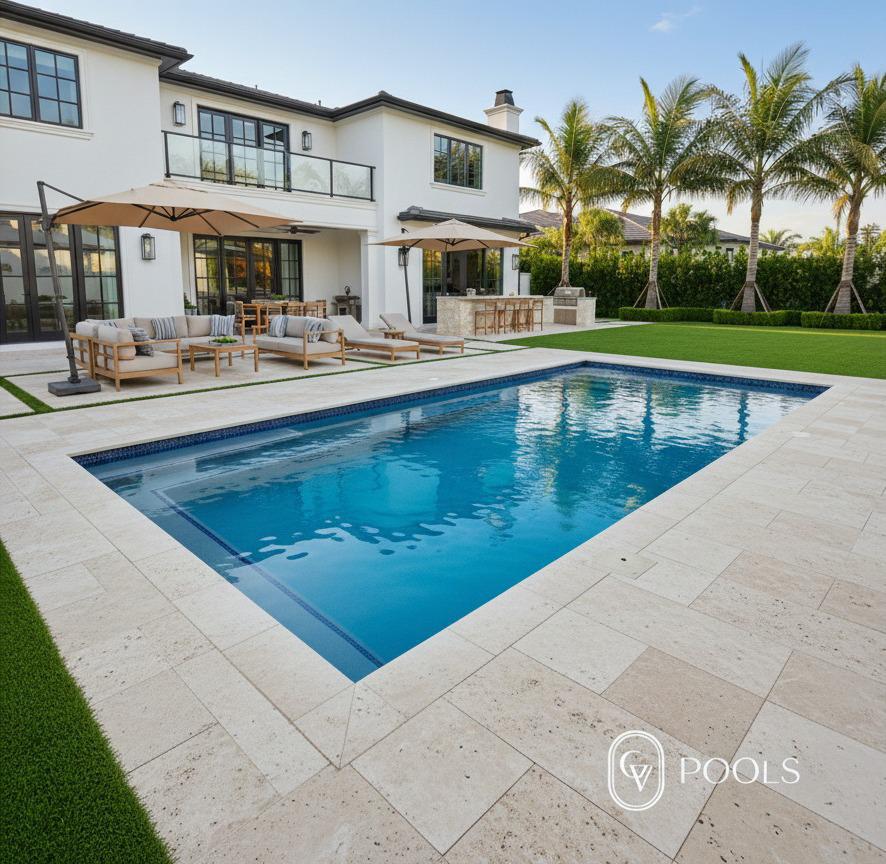 Completed GV Pools fiberglass pool in a modern Florida backyard