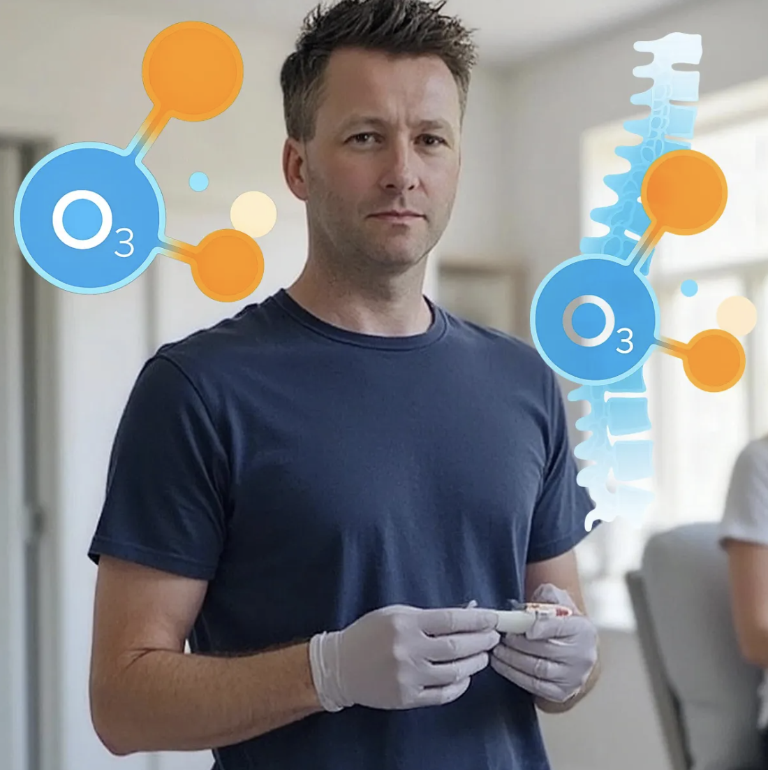 Senior Physiotherapist Craig Hartley in navy T-shirt and gloves preparing a prolozone injection, overlaid with ozone (O₃) molecular graphics and spine illustration