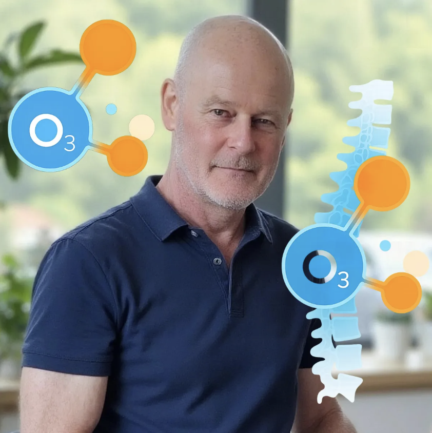 Peter Hartley, principal physiotherapist, profile photo with ozone molecule and spine overlay graphic at Physio Barnsley.