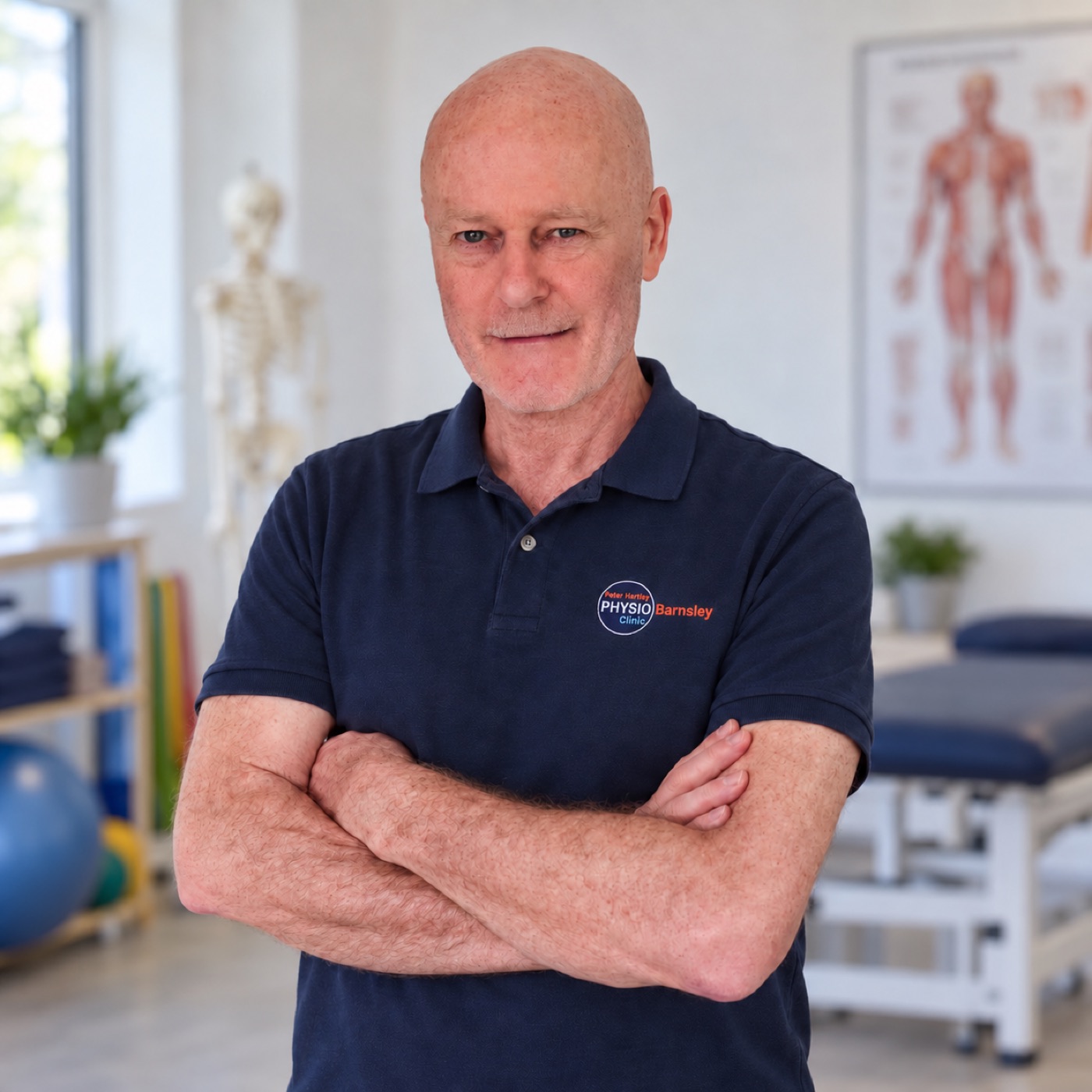 Principal Physiotherapist Peter Hartley in a navy Physio Barnsley polo shirt with arms crossed, standing in a treatment room at the clinic