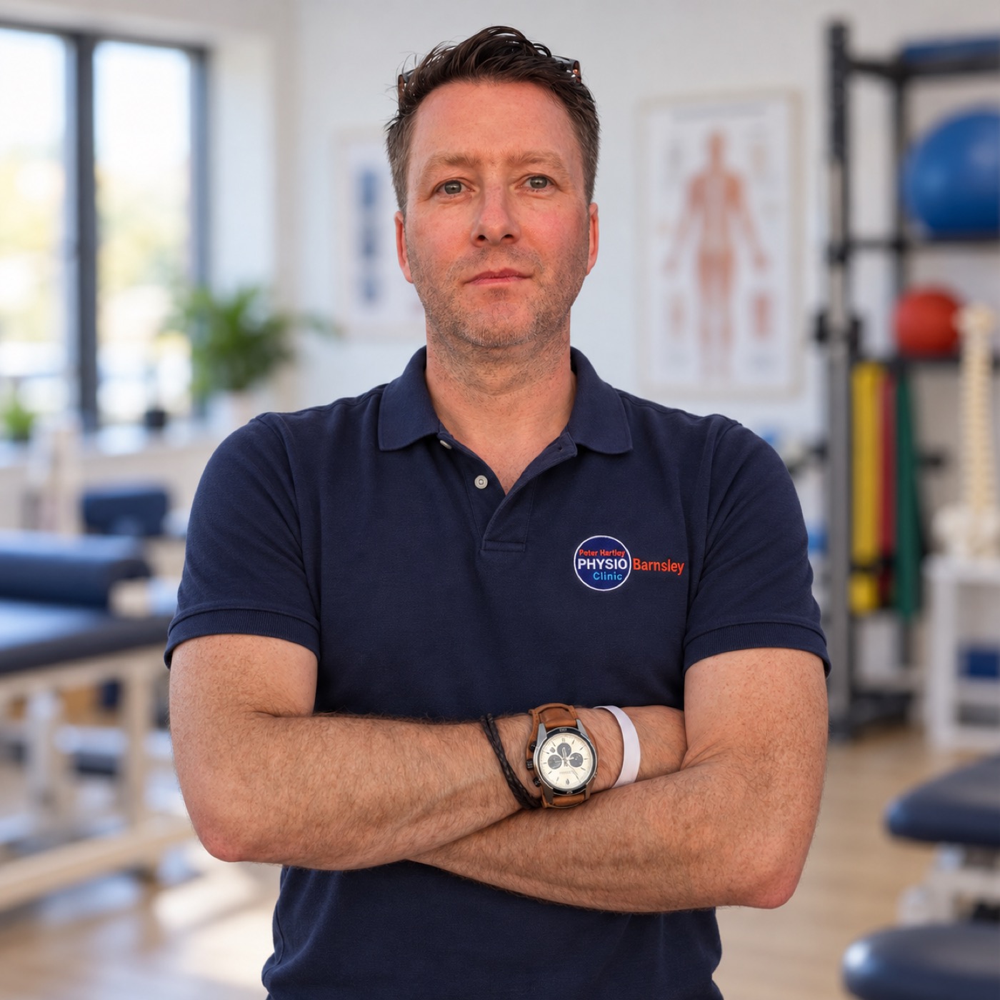 Senior Physiotherapist Craig Hartley in a navy Physio Barnsley polo shirt with arms crossed, standing in the physiotherapy clinic
