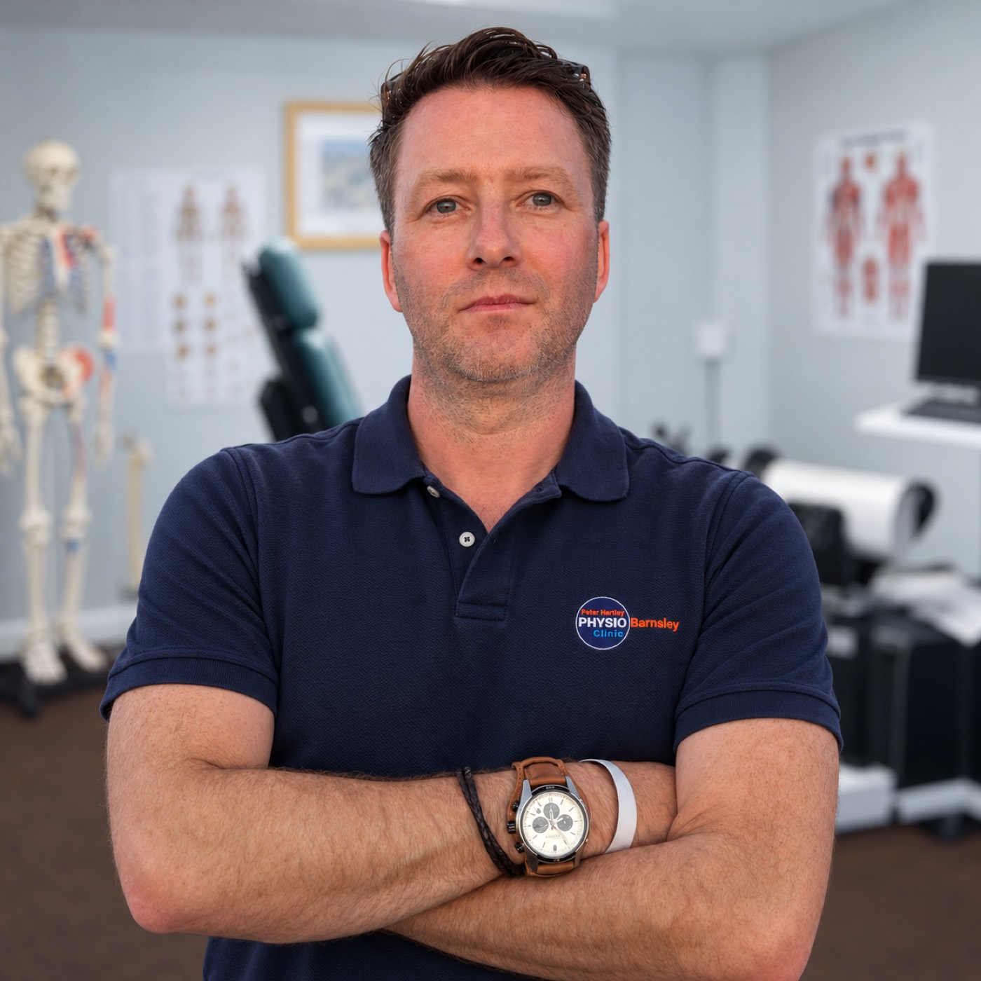 Senior Physiotherapist Craig Hartley in a navy Physio Barnsley polo shirt with arms crossed, standing in the physiotherapy clinic