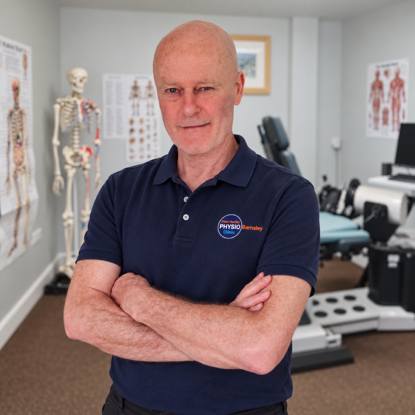 Principal Physiotherapist Peter Hartley in a navy Physio Barnsley polo shirt with arms crossed, standing in a treatment room at the clinic