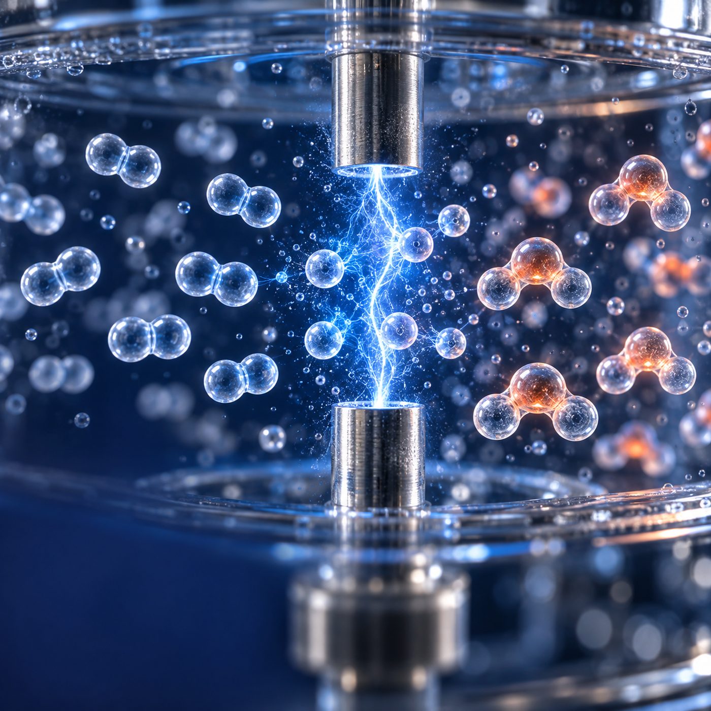 Oxygen molecules splitting in an electrical field and re-forming as ozone (O3) inside a medical ozone generator.
Caption: Conceptual visualisation of ozone generation using an electrical discharge.