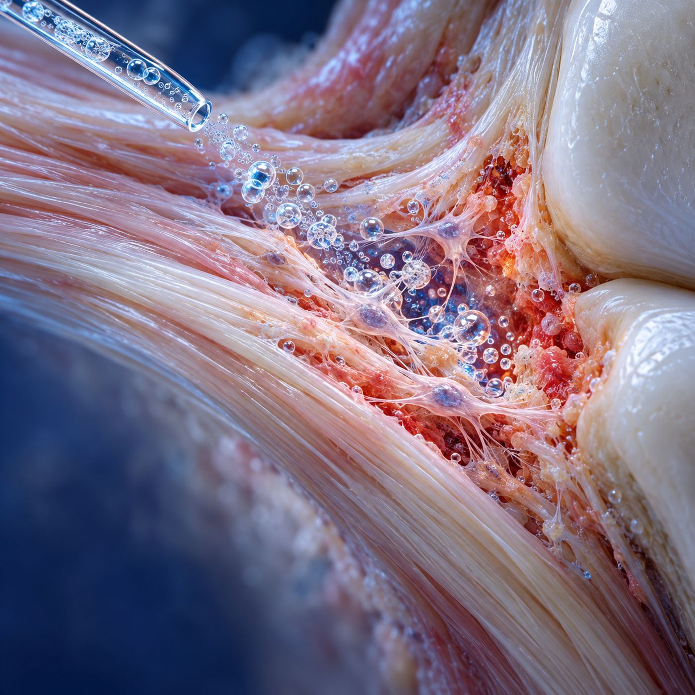 Close-up of medical ozone being delivered into damaged tendon tissue near a joint during prolozone therapy