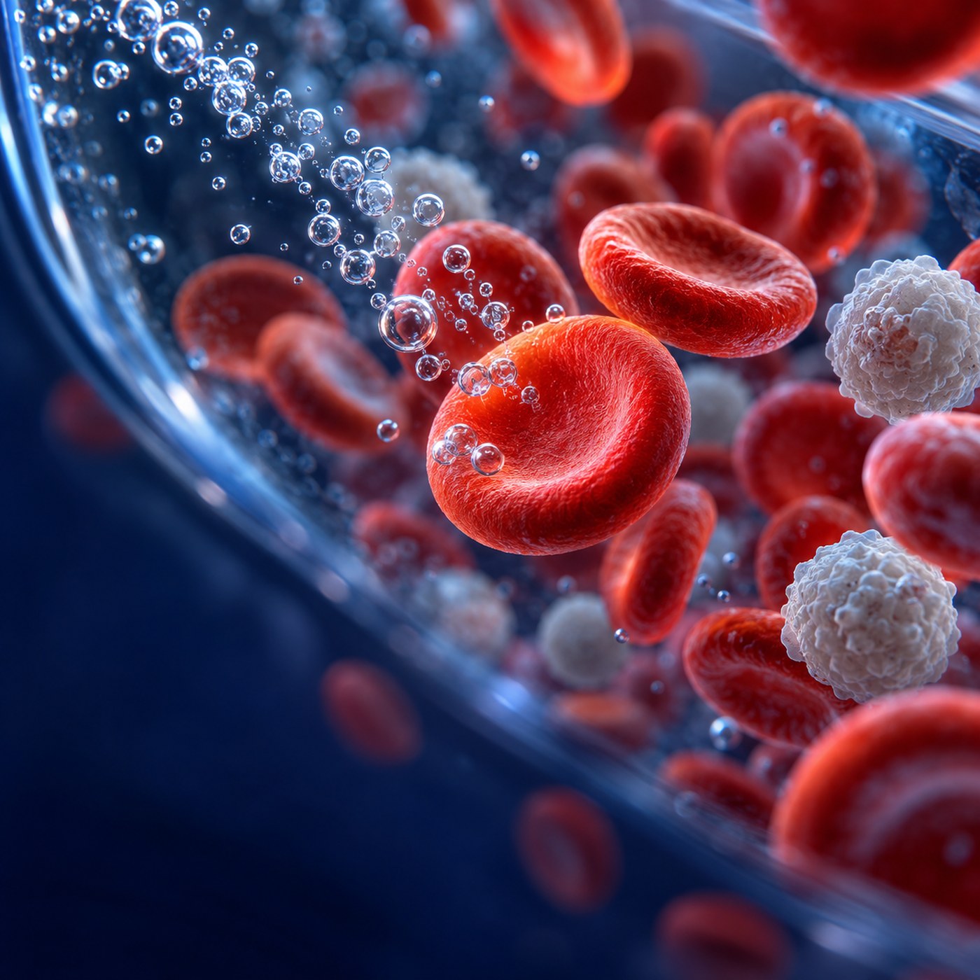 Conceptual image of red and white blood cells with gas microbubbles, created for Physio Barnsley's IV ozone autohemotherapy page.
