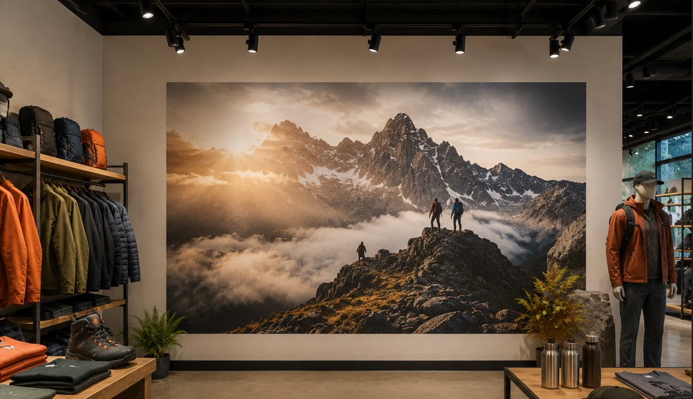 Photographic mountain mural in an outdoor clothing store