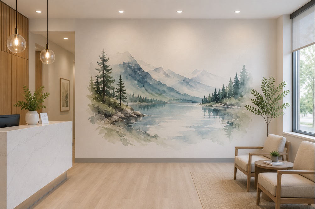 Watercolour lake mural in a clinic reception