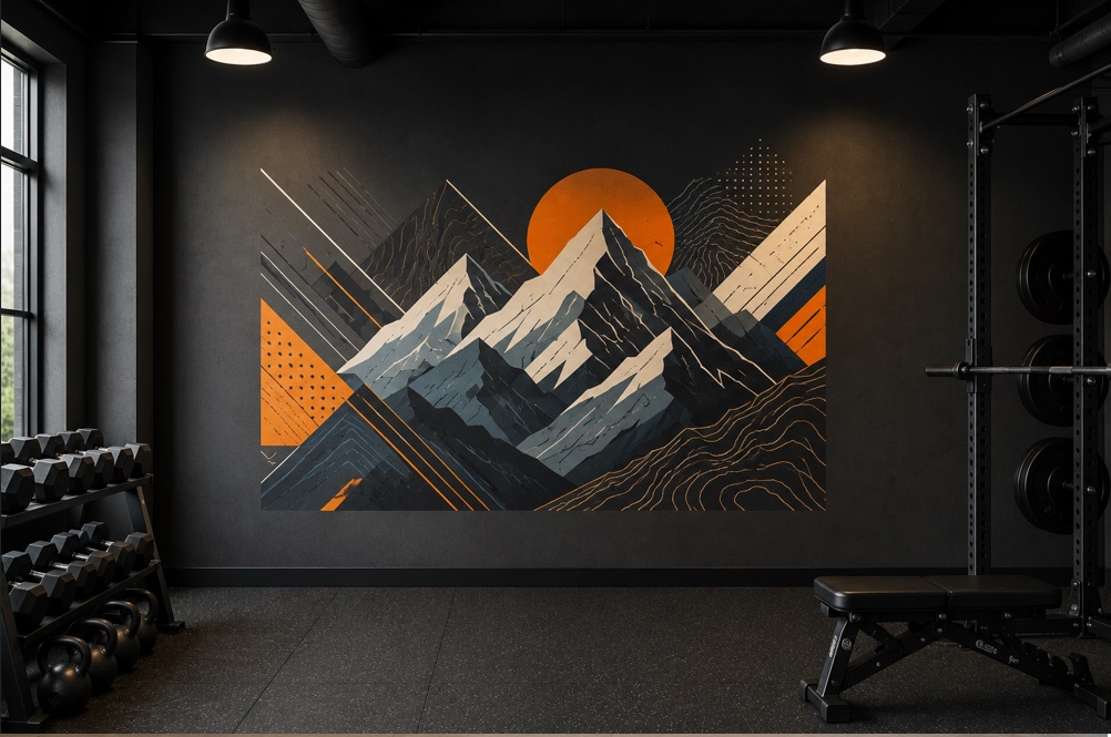 Geometric mountain mural in a gym