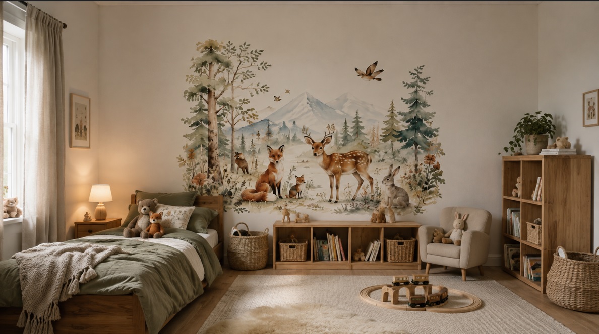 Woodland animal mural in a child's bedroom