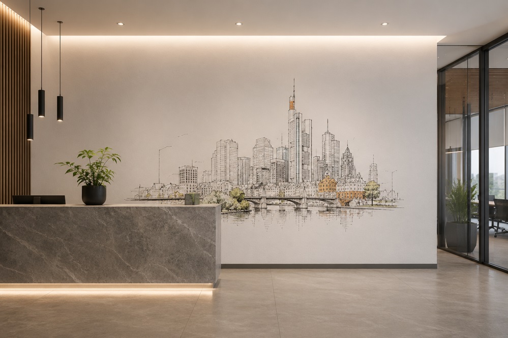 Sketched city skyline mural behind a reception desk