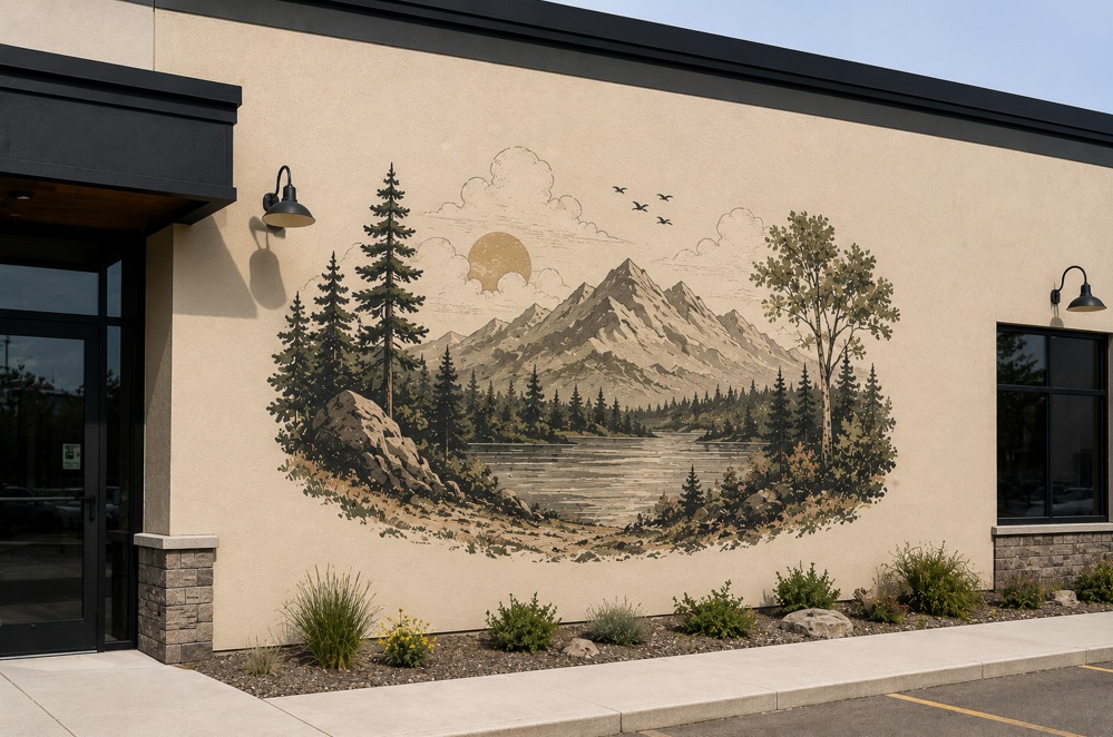 Mountain landscape mural on a building exterior