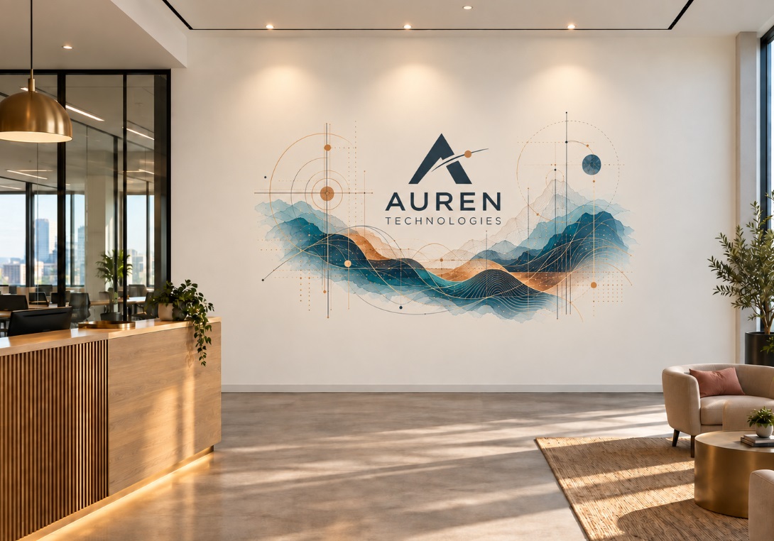 Branded abstract mountain mural in an office reception