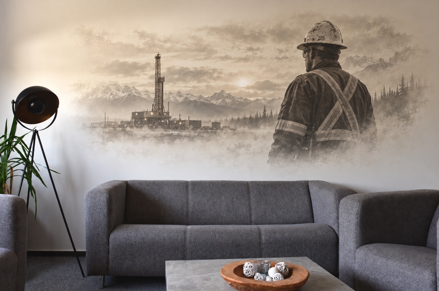 Sepia mural of an oil rig and worker in an office lounge