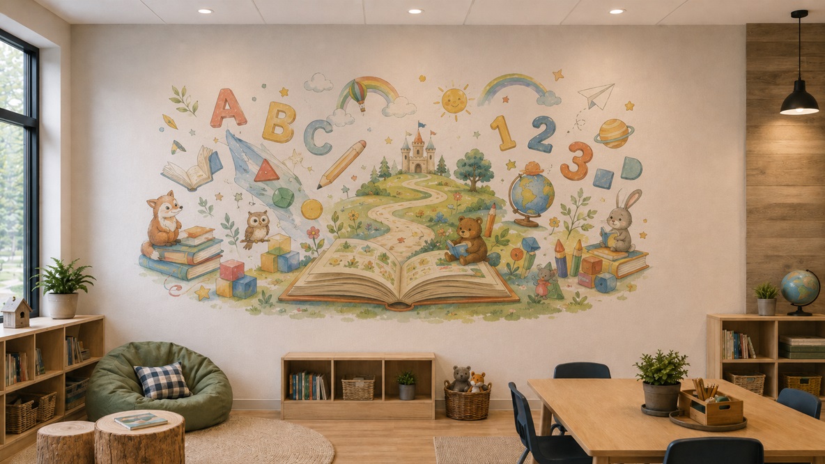 Storybook mural with letters and animals in a playroom