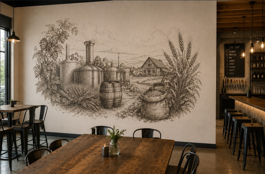 Pencil-style brewery mural in a taproom