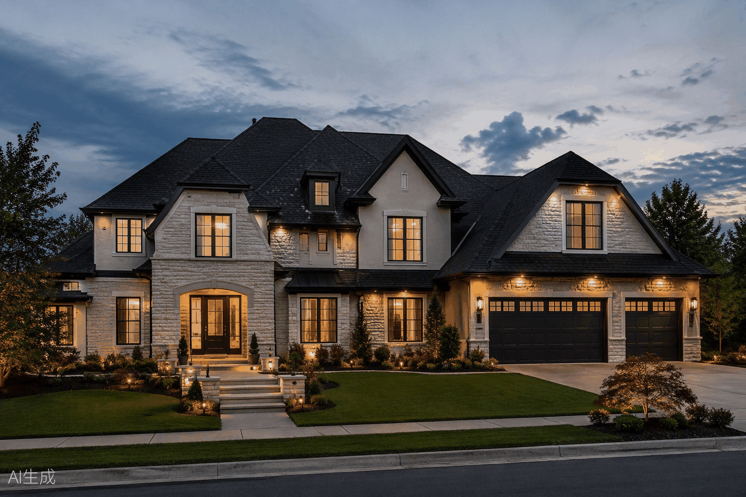 Stunning home with a dramatic new roof at twilight