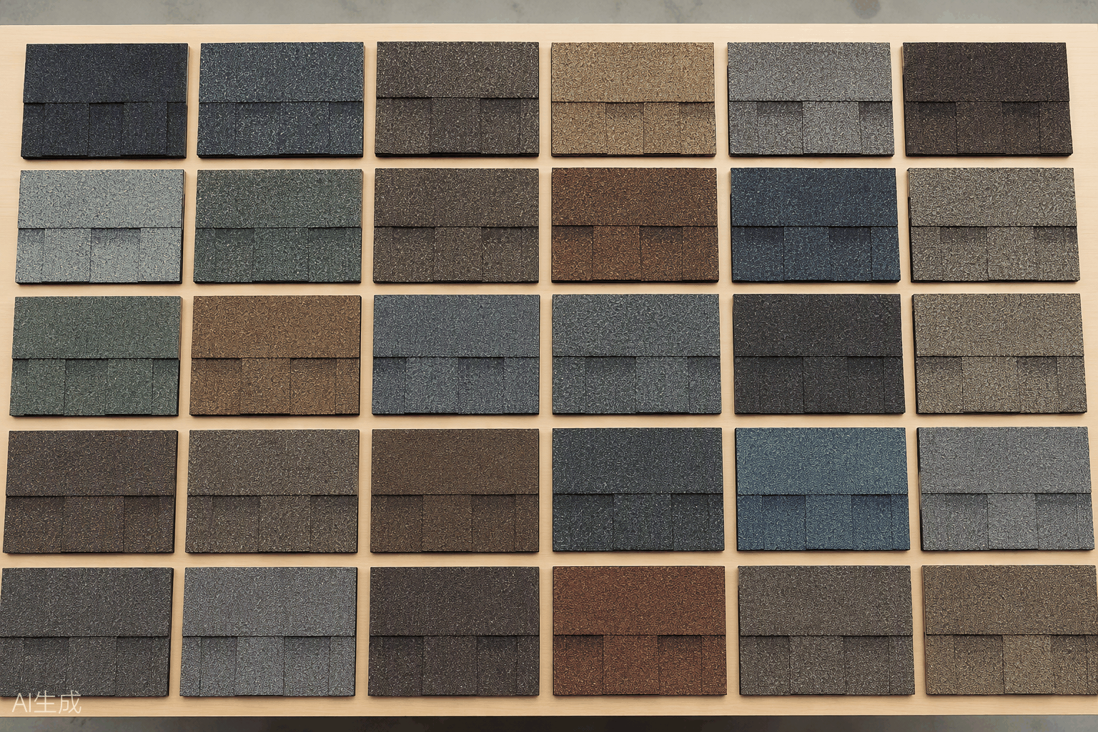 Flat-lay of asphalt shingle samples in many colors