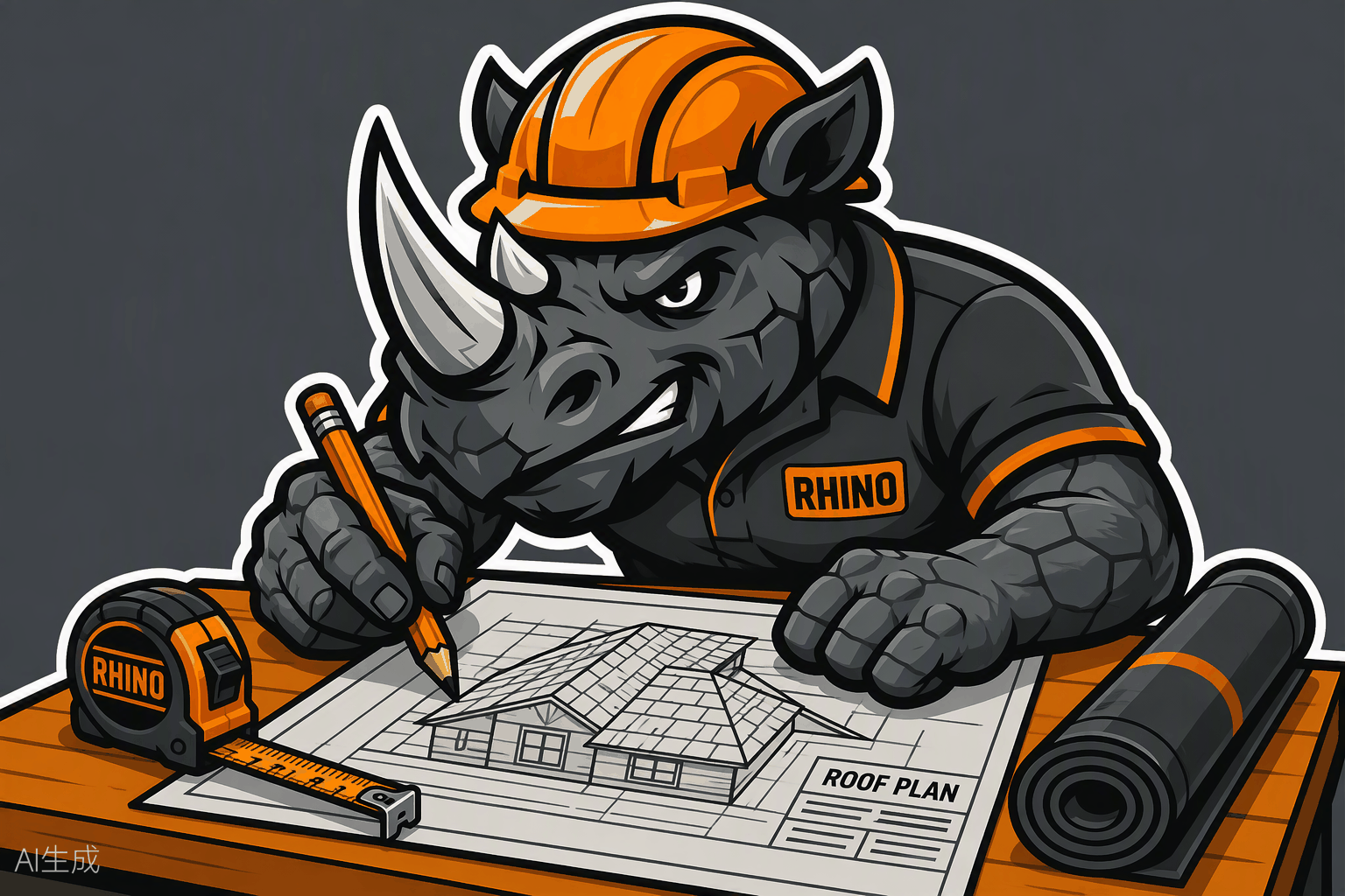 Rhino mascot reviewing a roof blueprint playbook