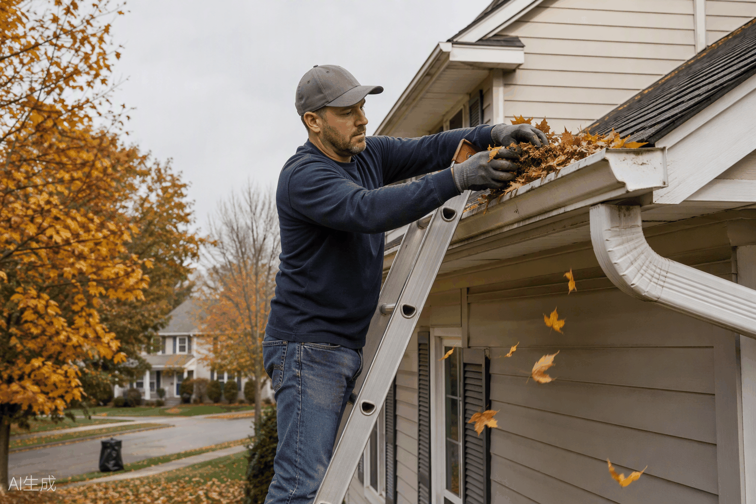 Homeowner cleaning gutters on a ladder in fall