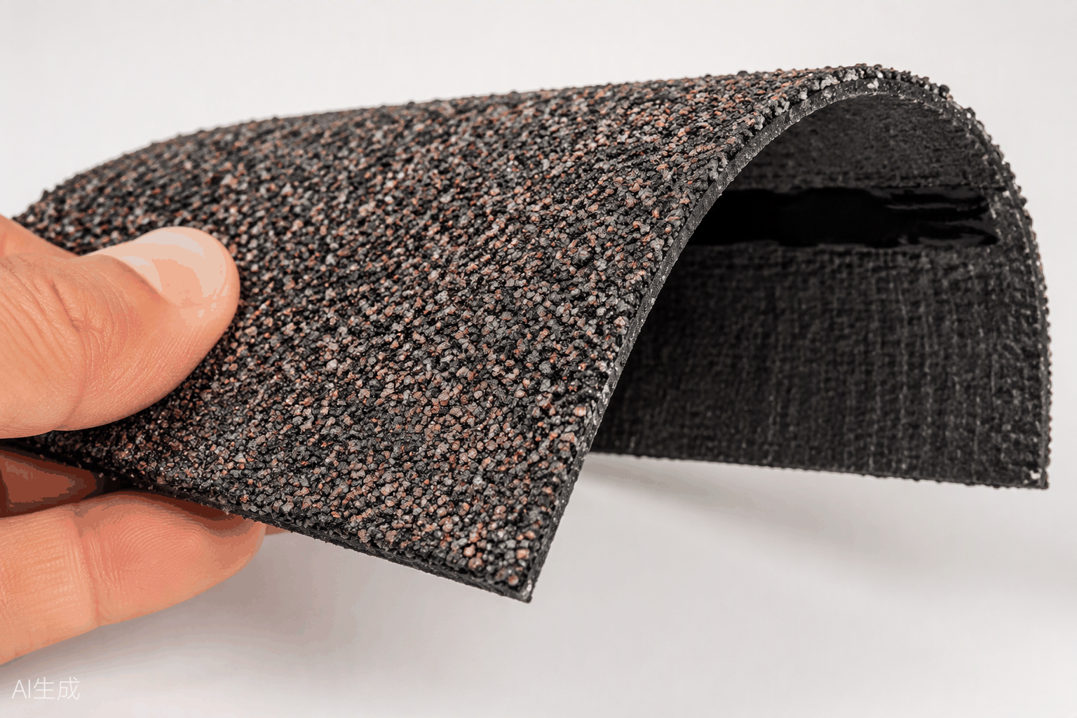Polymer-modified shingle swatch bending to show flexibility