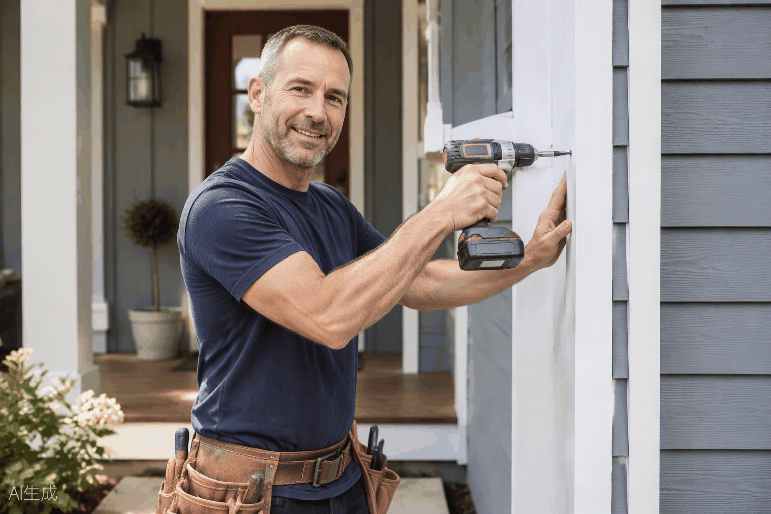 Handyman with a toolbelt fixing home exterior trim