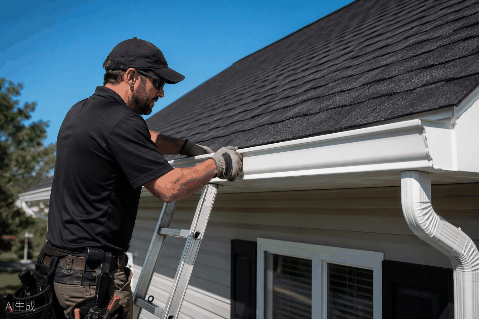 Seamless aluminum gutter being installed on a roofline by the GridIron Roofing crew