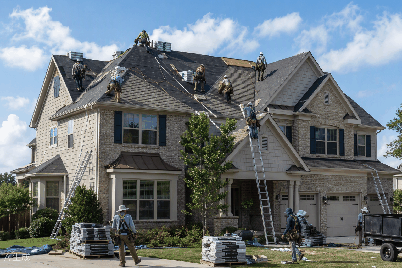 Full GridIron Roofing crew mid-installation on a large home
