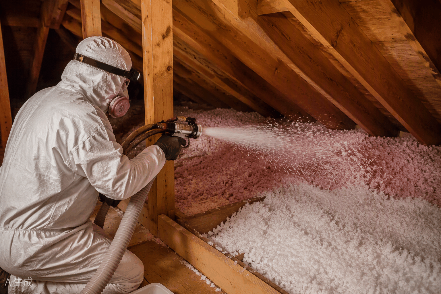 Blown-in roof insulation being sprayed into an attic