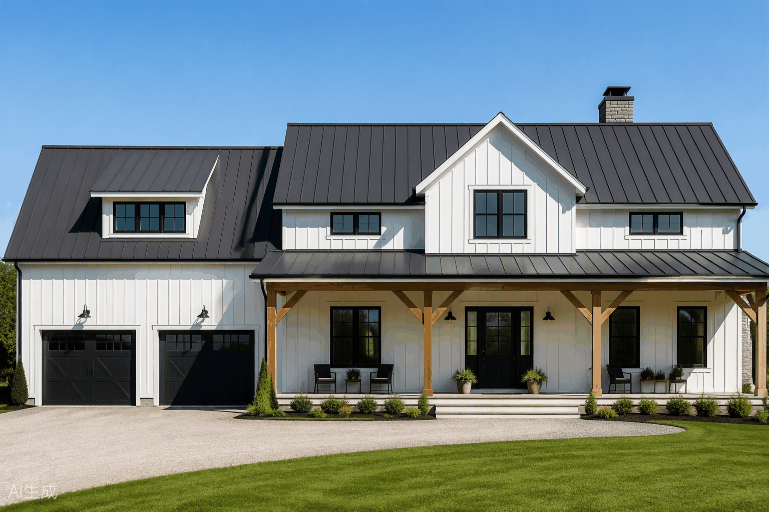 Standing-seam charcoal metal roof on a modern farmhouse