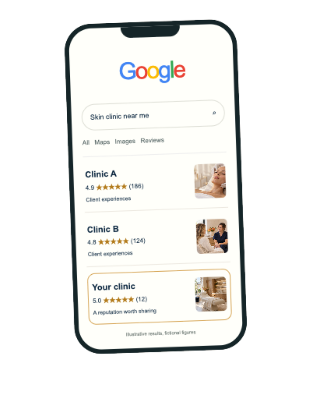 Illustrative Google search results comparing fictional clinic ratings and review counts