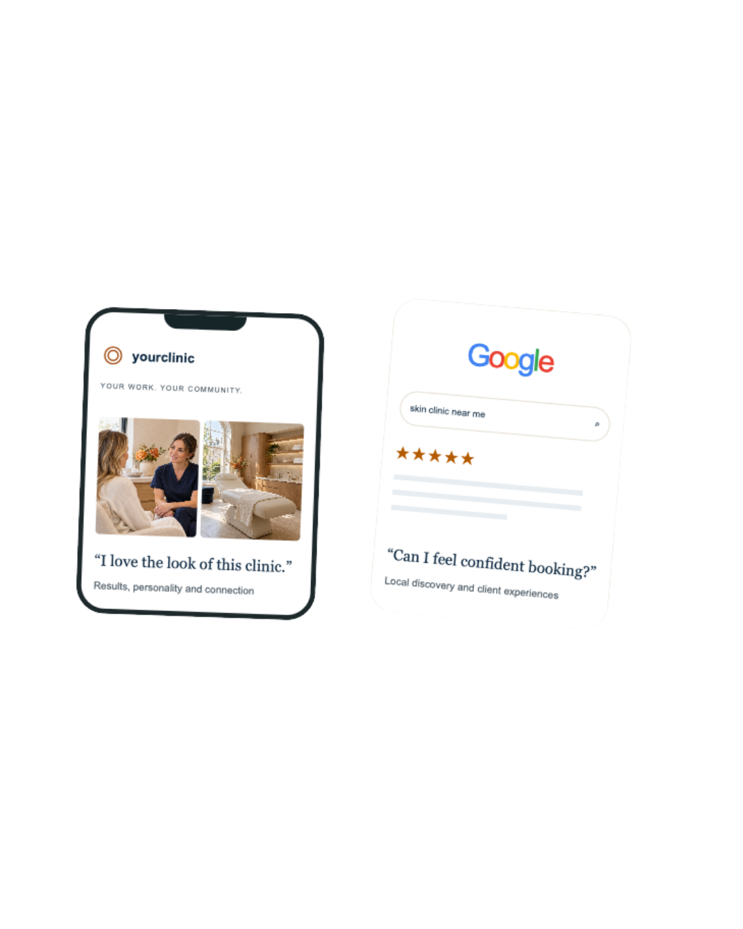Illustration comparing browsing clinic content with researching client experiences on Google