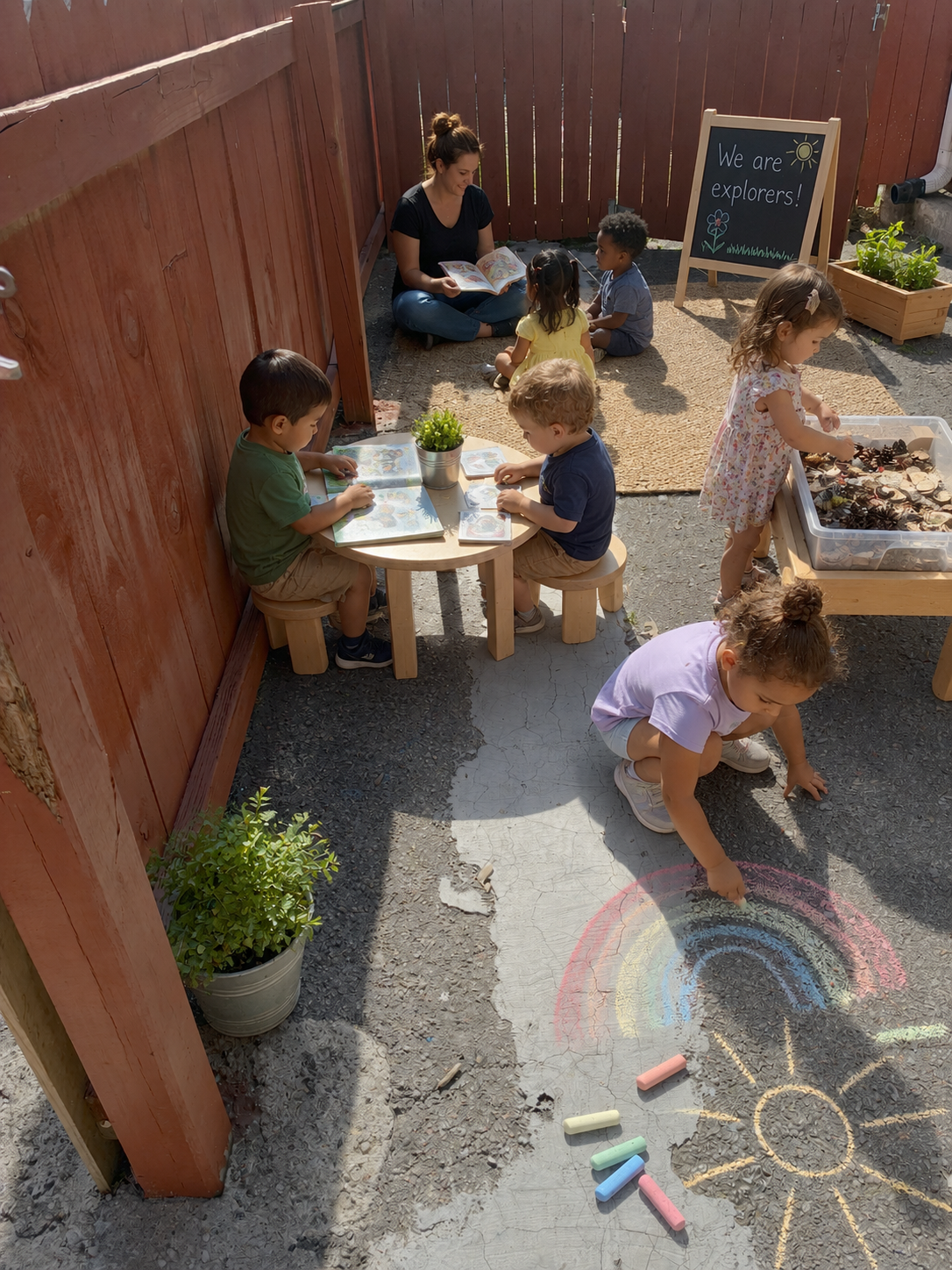 Children learning outdoors in a warm childcare environment
