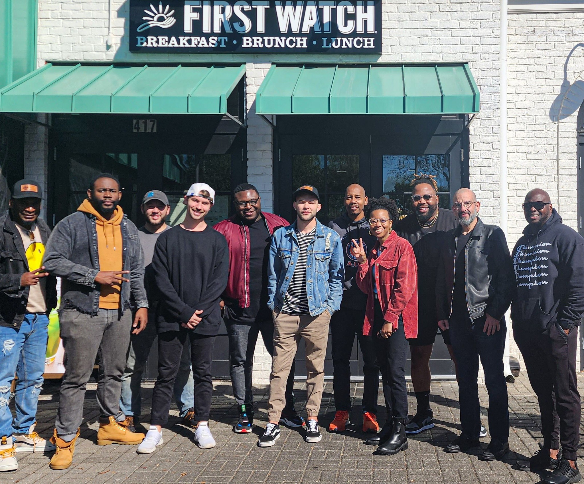 Monday Breakfast Meetup community outside a neighborhood restaurant
