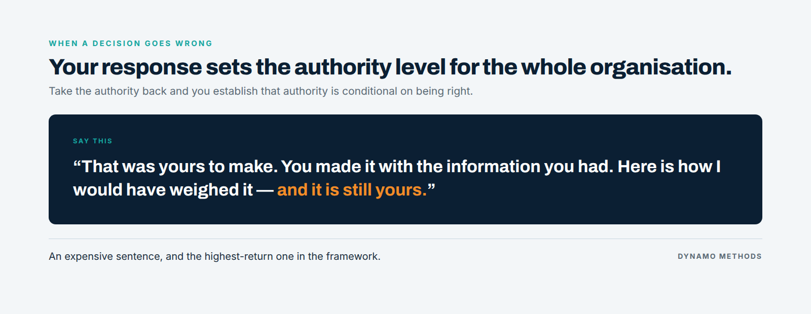 What to say when a delegated decision goes badly, and what taking the authority back teaches everyone else. What to say when a delegated decision goes badly, and what taking the authority back teaches everyone else.
