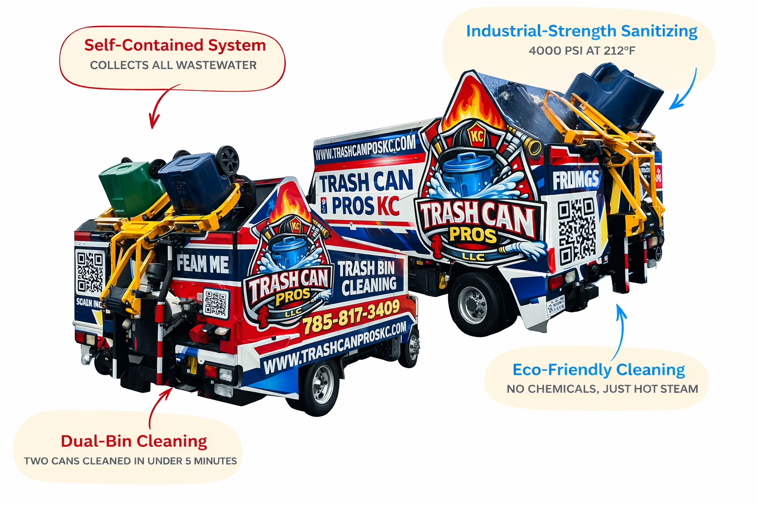 Trash Can Pros KC cleaning truck with self contained hot water bin sanitizing system