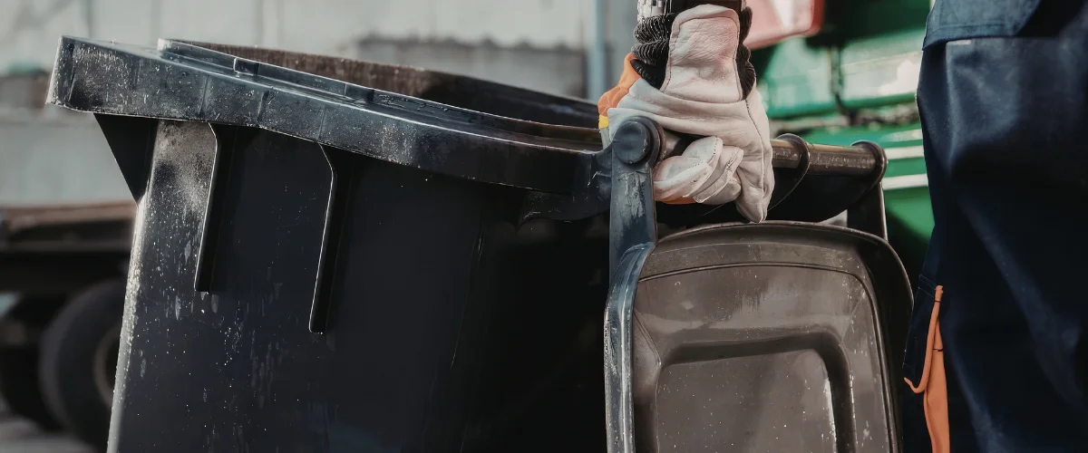 A close-up shot of a stainless steel trash can with an open lid, revealing a vibrant purple bin liner inside.