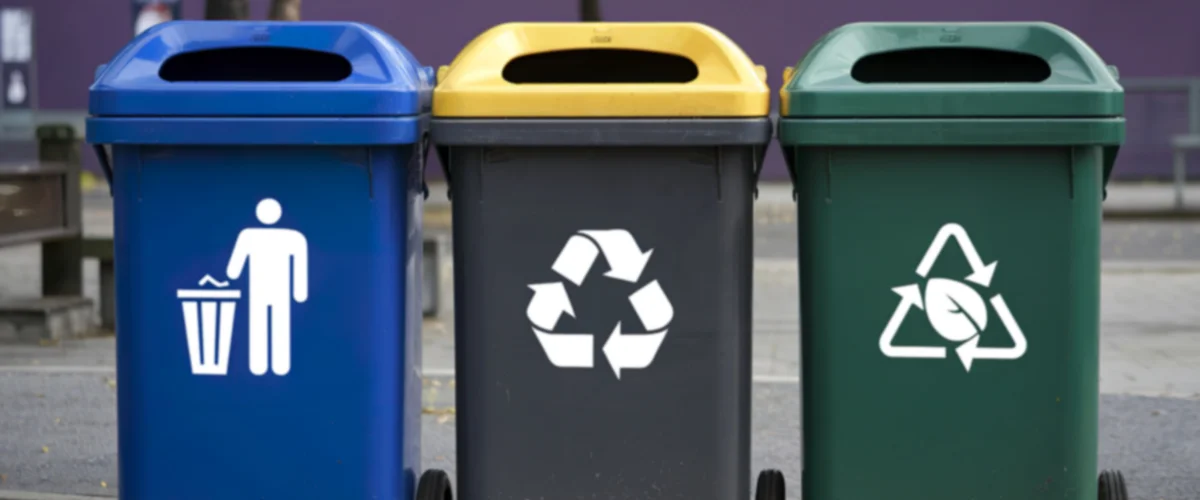 Three outdoor recycling bins lined up: blue for trash, black for general recycling, and dark green for organic waste. Three outdoor recycling bins lined up: blue for trash, black for general recycling, and dark green for organic waste.