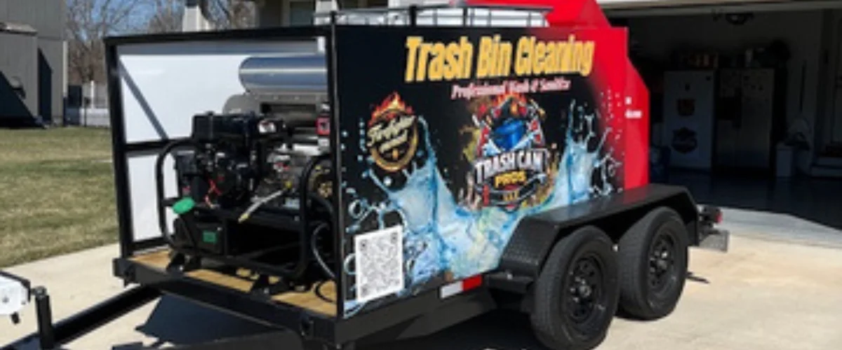 A man in a cap and sunglasses stands next to a "Trash Bin Cleaning" trailer with a firefighter-owned logo. A man in a cap and sunglasses stands next to a "Trash Bin Cleaning" trailer with a firefighter-owned logo.