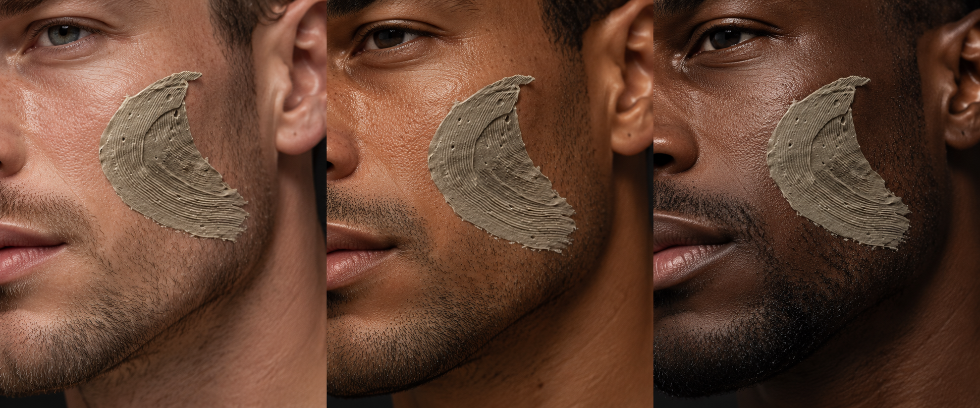 Illustrative close-ups of light, medium, and deep brown male skin with natural texture and a gray-beige clay mask swatch